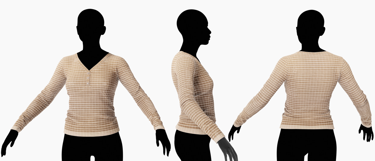 Wireframe view of female T-shirt 3D models with efficient UV mapping